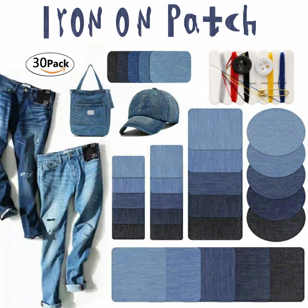 Ibeedow 30PCS Iron on Patches for Clothing Repair , Denim Patches for Jeans  Kit , 5 Shades of Blue Iron On Jean Patches for Inside Jeans & Clothing